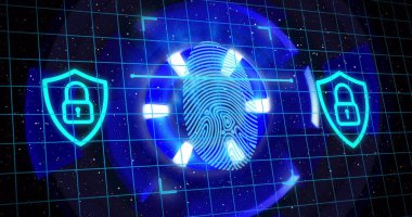Kalkanlarında dijital asma kilit olan siyah uzayda parmak izi görüntüsü. küresel internet güvenliği, veri işleme, bağlantılar ve dijital arayüz konsepti dijital olarak oluşturuldu.