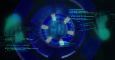 Siyah arkaplanda mavi daireli veri işleme resmi. küresel internet güvenliği, veri işleme, bağlantılar ve dijital arayüz konsepti dijital olarak oluşturuldu.