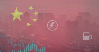 Çin bayrağı ve şehir manzarasında işlenen veri görüntüsü. küresel iş, finans ve dijital arayüz kavramı dijital olarak oluşturulmuş görüntü.