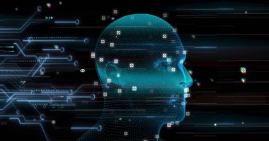 Veri işleme resmi ve siyah arkaplanda dijital kafası olan simgeler. küresel teknoloji ve dijital arayüz kavramı dijital olarak oluşturulmuş görüntü.