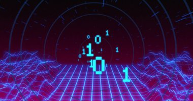 Dairedeki ikili kodlama ve dijital dağların görüntüsü. küresel teknoloji ve dijital arayüz kavramı dijital olarak oluşturulmuş görüntü.