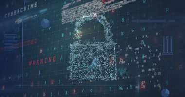 Karanlık arka plandaki veri işleme üzerindeki asma kilit görüntüsü. küresel iletişim ve veri güvenliği konsepti dijital olarak oluşturulmuş görüntü.