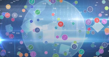 Işık noktaları ve dünya üzerindeki iş simgeleri. küresel iş ve dijital arayüz kavramı dijital olarak oluşturulmuş görüntü.