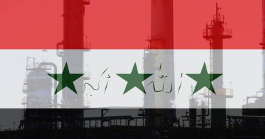Fabrika üzerinde Irak bayrağı resmi. Ukrayna krizi ve uluslararası politika kavramı dijital olarak oluşturuldu.