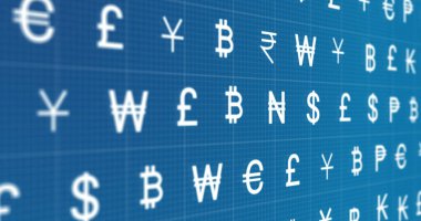 Mavi arkaplanda hareket eden para birimi tabelalarının resmi. küresel iş, finans ve dijital arayüz kavramı dijital olarak oluşturulmuş görüntü.