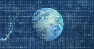 Finansal veri ve grafiklerin mavi arka planda dönen görüntüsü. küresel iş, finans, ekonomi, teknoloji ve dijital arayüz kavramı dijital olarak oluşturulmuş görüntü.