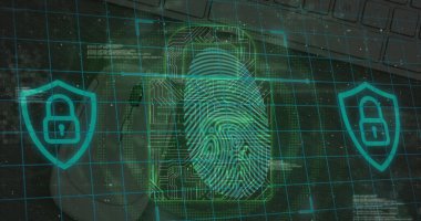 Siyah arkaplan üzerinde güvenlik kilidi simgeleri ve veri işleme resmi. küresel iletişim ve veri güvenliği konsepti dijital olarak oluşturulmuş görüntü.