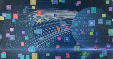 Dünya üzerinde ikili kodlamaya karşı yüzen çoklu dijital simgelerin dijital görüntüsü. bilgisayar arayüzü ve teknoloji kavramı