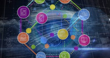 Dünya üzerinde ikili kodlamaya karşı yüzen çoklu dijital simgelerin dijital görüntüsü. bilgisayar arayüzü ve teknoloji kavramı