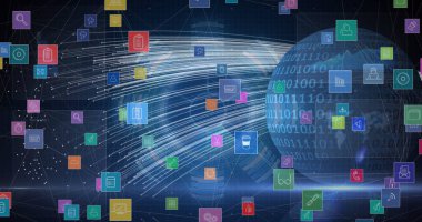 Dünya üzerinde ikili kodlamaya karşı yüzen çoklu dijital simgelerin dijital görüntüsü. bilgisayar arayüzü ve teknoloji kavramı