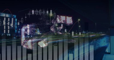 Şehir manzarası üzerinde veri işleme resmi. küresel iş, finans, bağlantılar ve dijital arayüz konsepti dijital olarak oluşturulmuş görüntü.