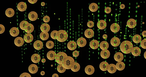 Afbeelding Van Bitcoin Symbolen Zwarte Achtergrond Met Groene Letters Economie — Stockfoto