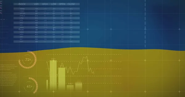 乌克兰国旗上的图形和数据图像 Ukraine Crisis Economic Crisis International Politics Concept Digital Generated — 图库照片