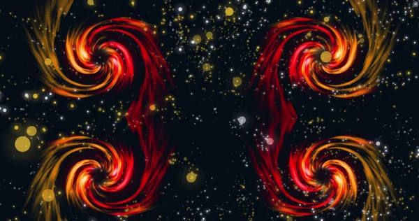 Image of spiral flames and yellow dots on black background. shadow, pattern and colour concept digitally generated image.