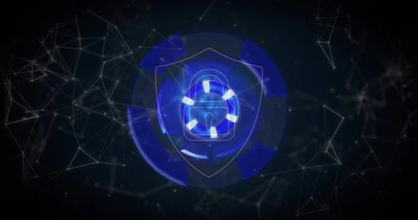 Image of shield with digital padlock over blue circle on black background. global internet security, data processing, connections and digital interface concept digitally generated image.