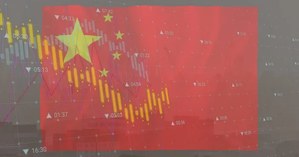 Imagen Bandera China Procesamiento Datos Sobre Paisaje Urbano Negocio Global — Foto de Stock