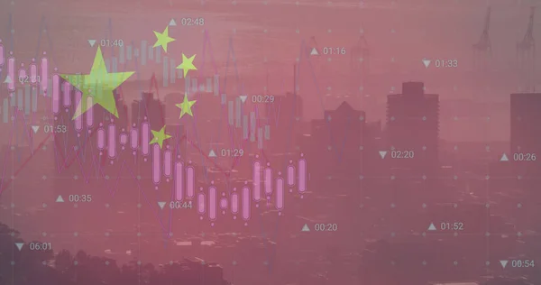 Imagen Bandera China Procesamiento Datos Sobre Paisaje Urbano Negocio Global —  Fotos de Stock