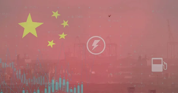 Εικόνα Της Σημαίας Της Κίνας Και Επεξεργασία Δεδομένων Πάνω Από — Φωτογραφία Αρχείου