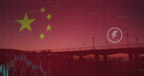 Bild Der Flagge Chinas Und Der Datenverarbeitung Über Der Brücke — Stockfoto