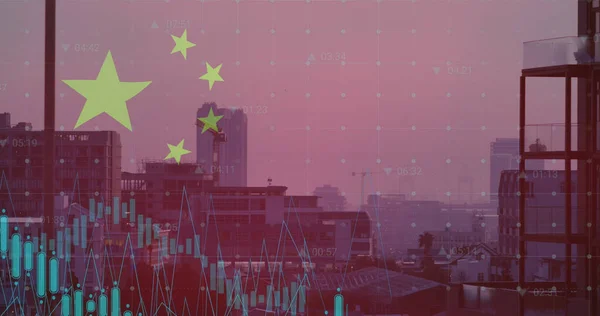 Obraz Flagi Chin Przetwarzania Danych Nad Krajobrazem Miejskim Globalny Biznes — Zdjęcie stockowe