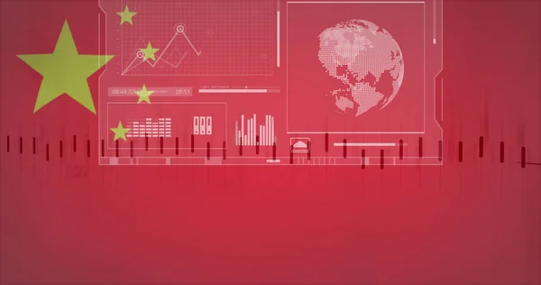 中国の国旗の上の画面上の財務データとグラフの画像 世界経済 政治の概念がデジタルで生成され — ストック写真