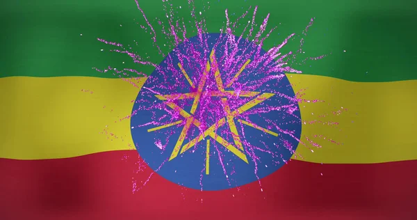 Εικόνα Πυροτεχνημάτων Πάνω Από Σημαία Της Αιθιοπίας Σημαίες Εθνικά Σύμβολα — Φωτογραφία Αρχείου