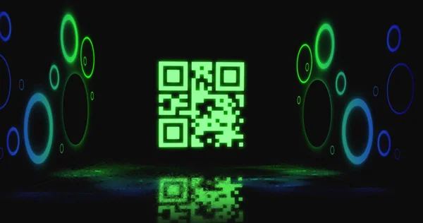 Imagem Neon Código Com Círculos Sobre Fundo Preto Conceito Global — Fotografia de Stock