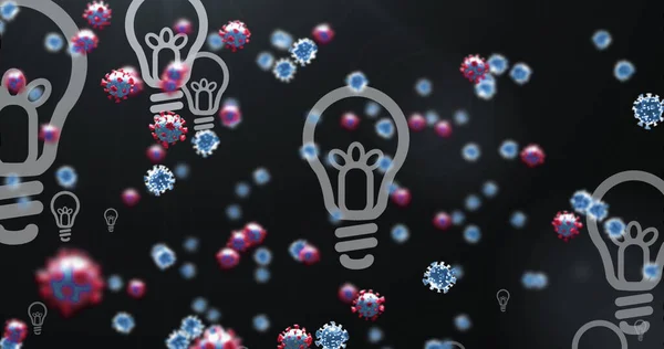 Afbeelding Van Viruscellen Gloeilampiconen Mondiale Wetenschap Digitale Interface Tijdens Covid — Stockfoto