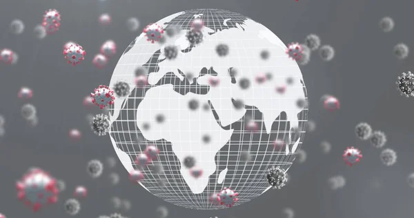 世界中のウイルス細胞の画像 コヴィド19のパンデミックの概念をデジタルで生成したときの世界科学とデジタルインターフェース — ストック写真