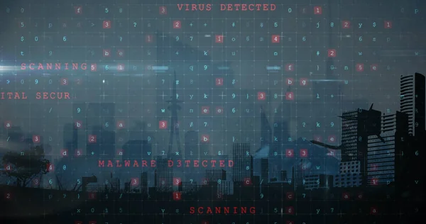 Obrázek Kybernetického Útoku Varování Nad Městskou Krajinou Modrém Pozadí Globální — Stock fotografie