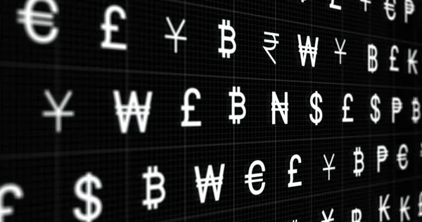 Image of rows of currency signs moving on black background. global business, finance and digital interface concept digitally generated image.