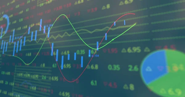 Image of financial data and graphs over green background. global business, finance, economy and technology concept digitally generated image.