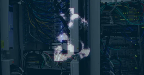 Image of bitcoin symbol over server room. global business, finances, connections and digital interface concept digitally generated image.