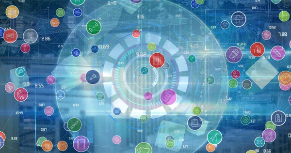 Mavi zemin üzerinde neon yuvarlak tarayıcıya karşı çoklu dijital simgelerin dijital görüntüsü. bilgisayar arayüzü ve teknoloji kavramı