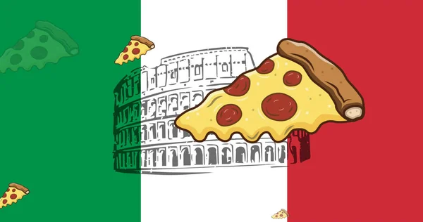 Múltiples Iconos Rebanada Pizza Sobre Coliseo Contra Bandera Italia Segundo —  Fotos de Stock
