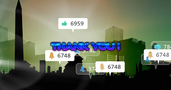 街中で成長しているテキストと数字に感謝のイメージ グローバルソーシャルメディア接続デジタルインターフェースの概念デジタル生成された画像 — ストック写真