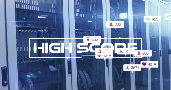 Image of high score text and numbers growing over server room. global social media, connections and digital interface concept digitally generated image.