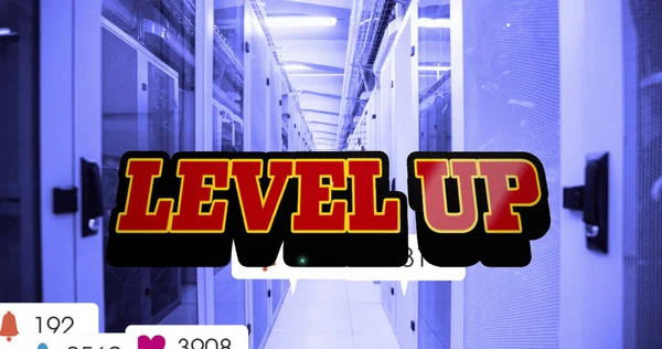 Image of level up text and numbers growing over server room. global social media and digital interface concept digitally generated image.