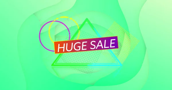 Image of huge sale text over shapes on green background. global social media, connections and digital interface concept digitally generated image.