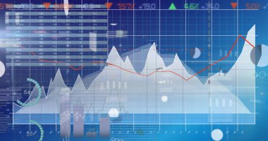 Mavi arkaplandaki veri ve grafiklerin resmi. küresel veri işleme ve teknoloji konsepti dijital olarak oluşturulmuş görüntü.