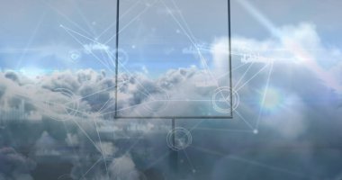 Network of connections spinning over clouds in the sky against rugby goal post. sports and technology concept