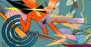 Siyah arkaplanda renkli soyut şekillerin görüntüsü. renk ve hareket kavramı dijital olarak oluşturulmuş görüntü.