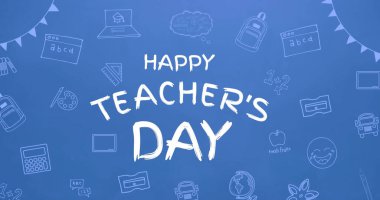 Mavi arkaplandaki okul eşyaları ikonları üzerinden mutlu öğretmenler günü resmi. eğitim ve öğrenme kavramı dijital olarak oluşturulmuş görüntü.