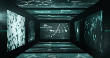 DNA iplikçiklerinin dönmesi ve mavi ışık yollarıyla bilimsel veri işleme görüntüsü. Bilim ve araştırma konsepti dijital olarak oluşturulmuş görüntü.