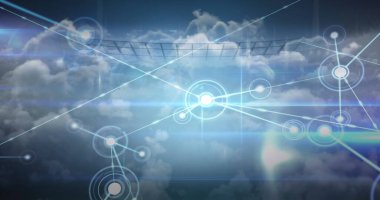 Bulutlar ve spor stadyumu üzerindeki bağlantı ağı görüntüsü. spor ve kutlama konsepti dijital olarak oluşturulmuş görüntü.