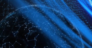 Siyah arkaplandaki küre ve şekiller. Sosyal medya ve iletişim arayüzü kavramı dijital olarak oluşturulmuş görüntü.