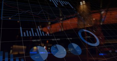Finansal grafiklerin ve gece binaların üzerindeki verilerin resmi. küresel finans, ekonomi ve teknoloji kavramı dijital olarak oluşturulmuş görüntü.