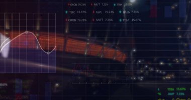 Finansal grafikler ve gece yol trafiğinin verileri. küresel finans, ekonomi ve teknoloji kavramı dijital olarak oluşturulmuş görüntü.