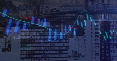 Şehir manzarası üzerinde finansal veri işleme resmi. küresel finansman, teknoloji ve dijital arayüz kavramı dijital olarak oluşturulmuş görüntü.
