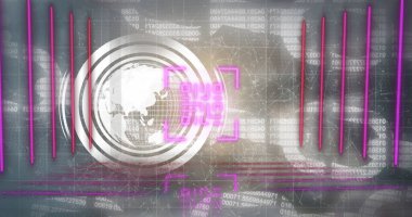 Veri işleme üzerinde çizgiler ve siyah arkaplan üzerinde dünya olan neon qr kodunun resmi. küresel teknoloji ve hesaplama kavramı dijital olarak oluşturulmuş görüntü.